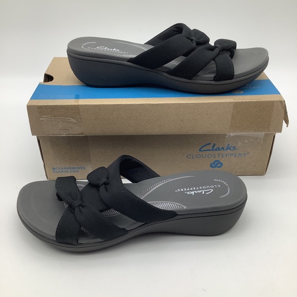Clarks Cloudsteppers Breezerae Cam Black Gray Knot Slide Sandals Women's Size 9M - Picture 1 of 7